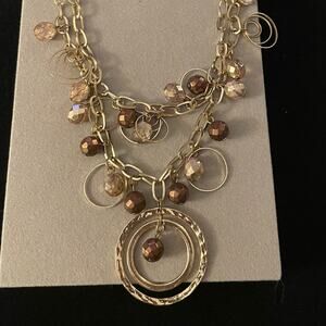 Layered Gold Tone Double Circle Pendant Statement Necklace
